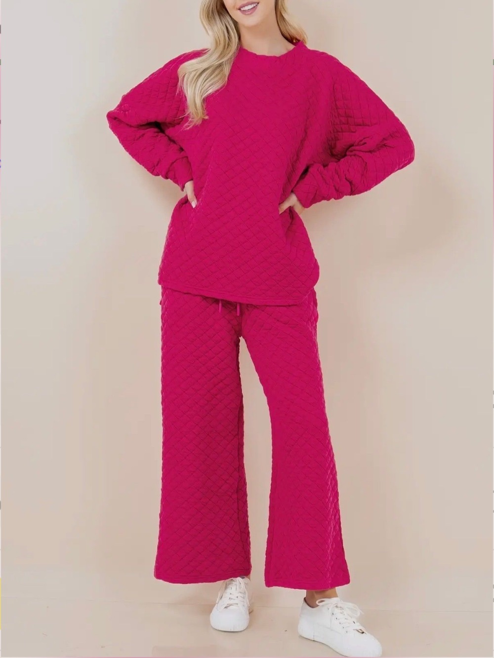 Quilted 2-Piece Women’s Wide-Leg Boutique Loungewear Set in Raspberry Sorbet NWT